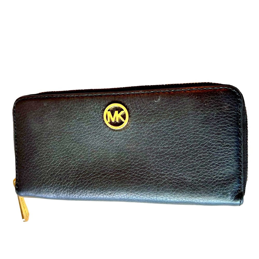 Michael Kors Black Leather Wallet Billfold Zip Closure Gold Tone Hardware